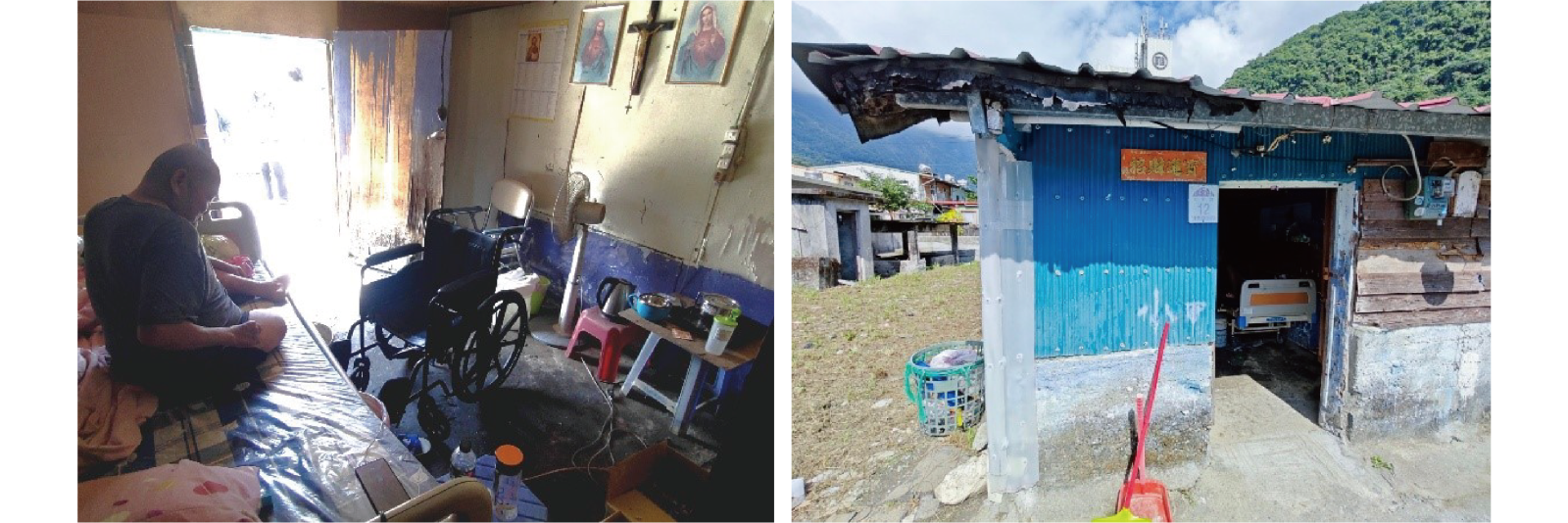   阿明截肢，且患有白內障及多種慢性疾病，長年生活在鐵皮與木板搭建的老宅。